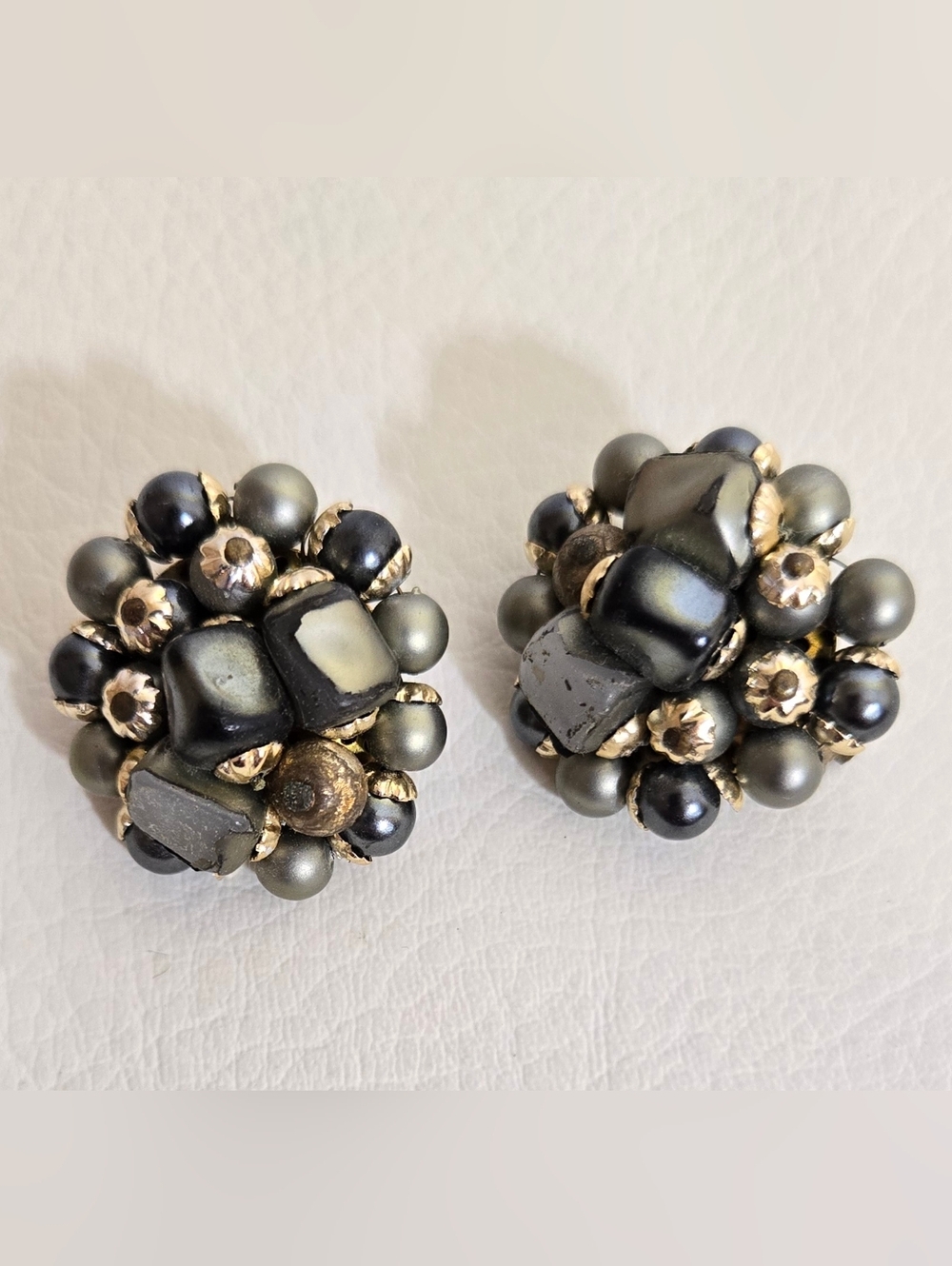 Vintage Cluster Clip-On Earrings in Gunmetal and Gold
